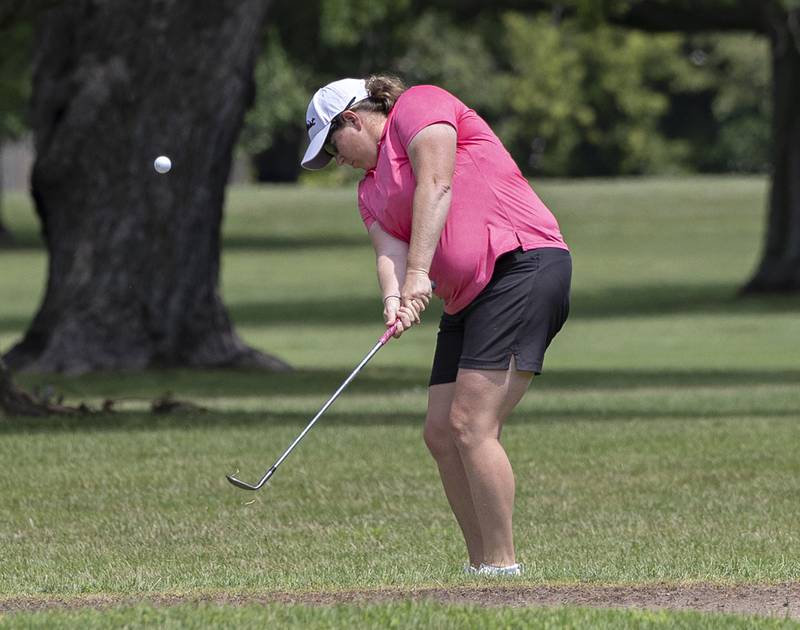 Kim Lester of Kishwaukee chips towards the green on #5 Friday, July 11, 2025, during the 102nd annual Ladies Lincoln Highway golf tournament at Timber Creek Golf Club in Dixon.