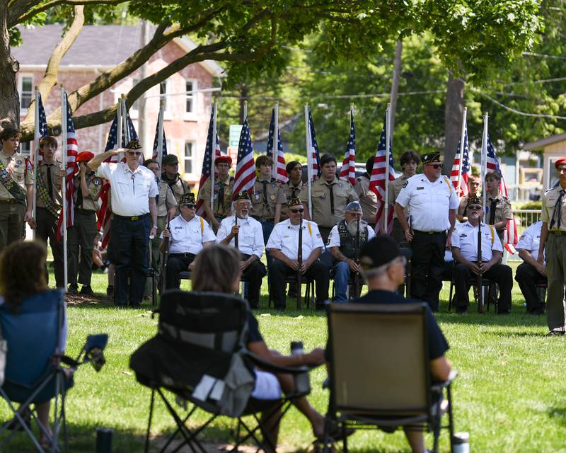 Members of the Yorkville Legion stand as their branch was recognized as the Yorkville big band plays a military medley during the Memorial Day event on Monday May 25, 2026, held at Town Square Park in Yorkville.