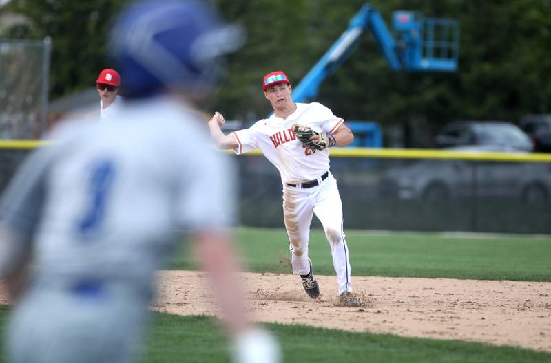 Batavia’s Ryan Boe throws to first for an out during a home game against Geneva on Monday, April 29, 2024.