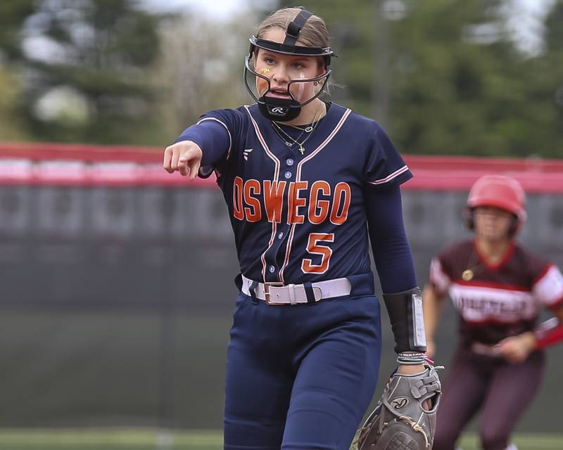 Oswego's Adalynn Fugitt (5) reacts after getting a third out during softball game between Oswego at Yorkville. May 5, 2026 in Yorkville.