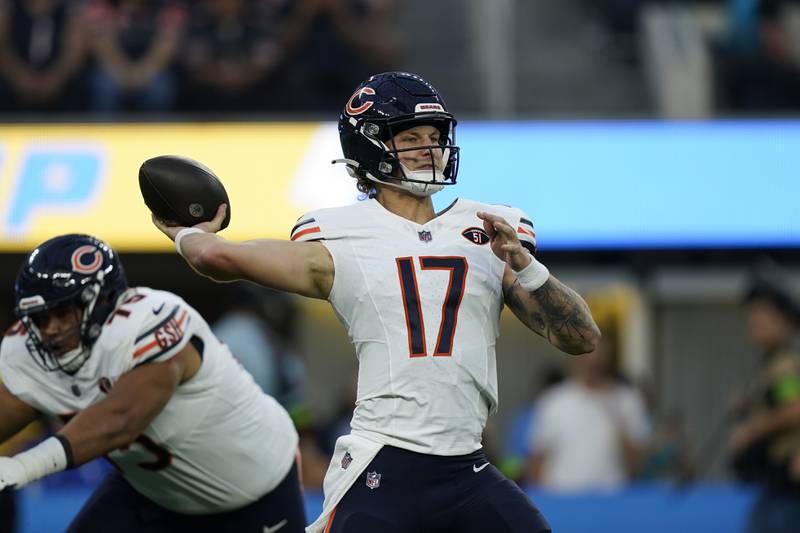 Chicago Bears quarterback Tyson Bagent throws a pass during the first half  against the Los Angeles Chargers, Sunday, Oct. 29, 2023, in Inglewood, Calif.
