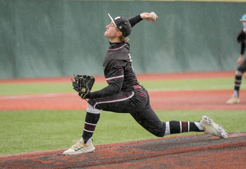 Marengo's Quinn Lechner (8) pitches against Streamwood during a game on Monday, March 25, 2024 in Carol Stream.