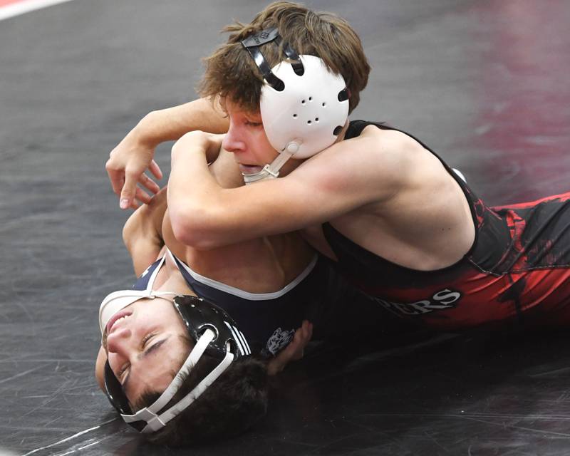 Amboy's Aden Spinelli wrestles Lisle's Sebastian Lara in the championship match at 106-pounds at the Stillman Valley Holiday Tournament on Saturday, Dec. 20, 2025 at Stillman Valley High School.