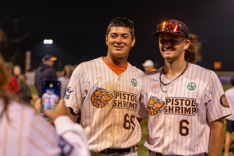 (left to right) Seniors Kyle Gibson and Jake Ferguson of the Pistol Shrimp pose for a photo after the final game as a part of the team on Thursday, July 31, 2025, at Schweickert Stadium in Peru.