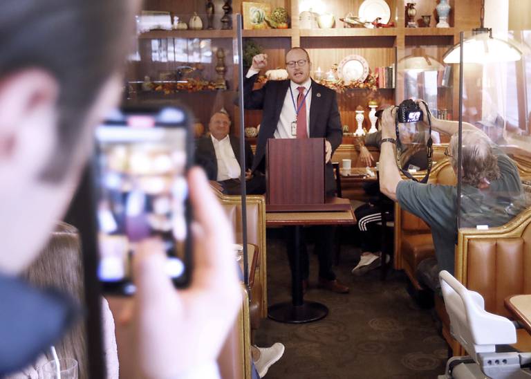 McHenry County State's Attorney Patrick Kenneally speaks Wednesday, Oct. 12, 2022, during a stop in Illinois attorney general candidate Thomas DeVore's SAFE-T Act Tour at the Around the Clock Restaurant, 5011 Northwest Highway in Crystal Lake. DeVore was joined by Kenneally, Cary Police Chief Patrick Finlon and other officials who are critics of the SAFE-T Act.