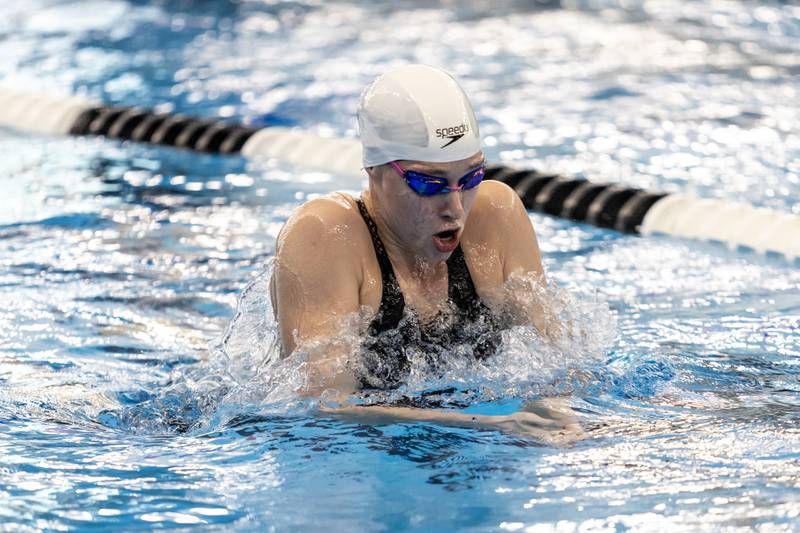 Lockport’s Lilly Strama competes in the 200 Yard Medley Relay during the IHSA Girls State Swimming Preliminaries at FMC Natatorium in Westmont on Nov. 14, 2025.