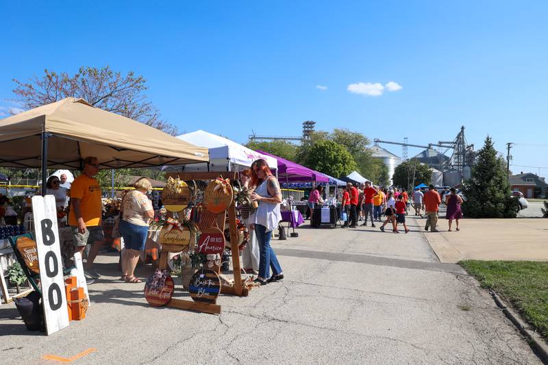 People shop the vendors near the Community Park during the St. Anne Pumpkin Festival on Saturday, Oct. 4, 2025.