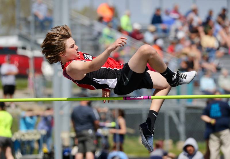 Ladd's Ben Giachetto high jumps in the Bureau County Junior High School track meet.