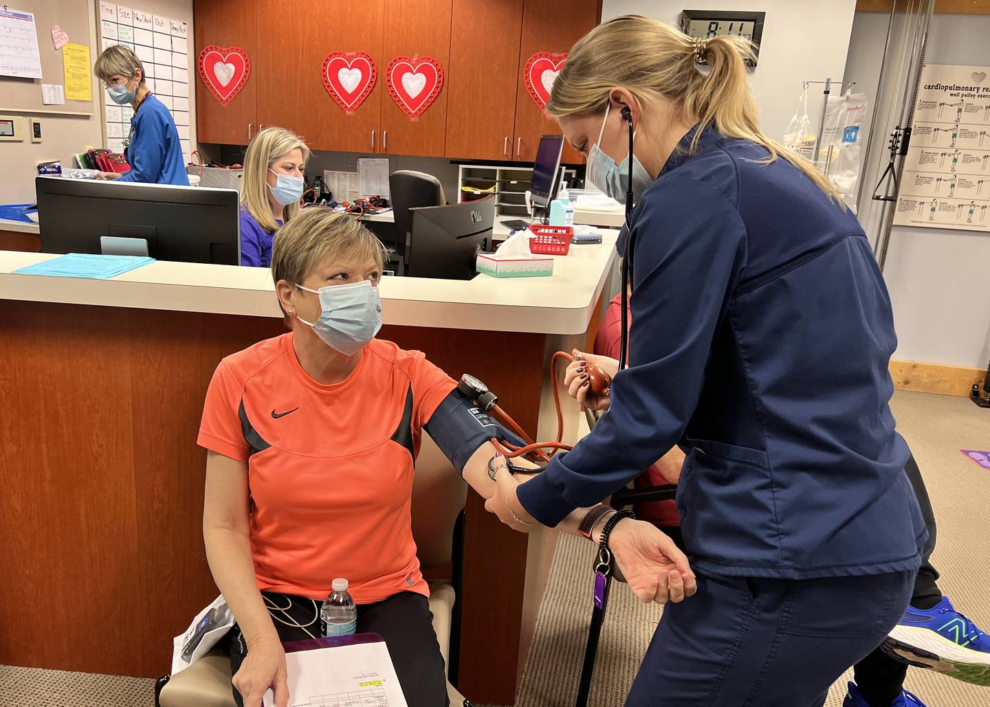 Sue Burton of Geneva has her blood pressure checked by exercise physiologist Jaclyn Lamz prior to exercising at Northwestern Medicine Delnor Hospital’s Cardiac Rehabilitation Program.