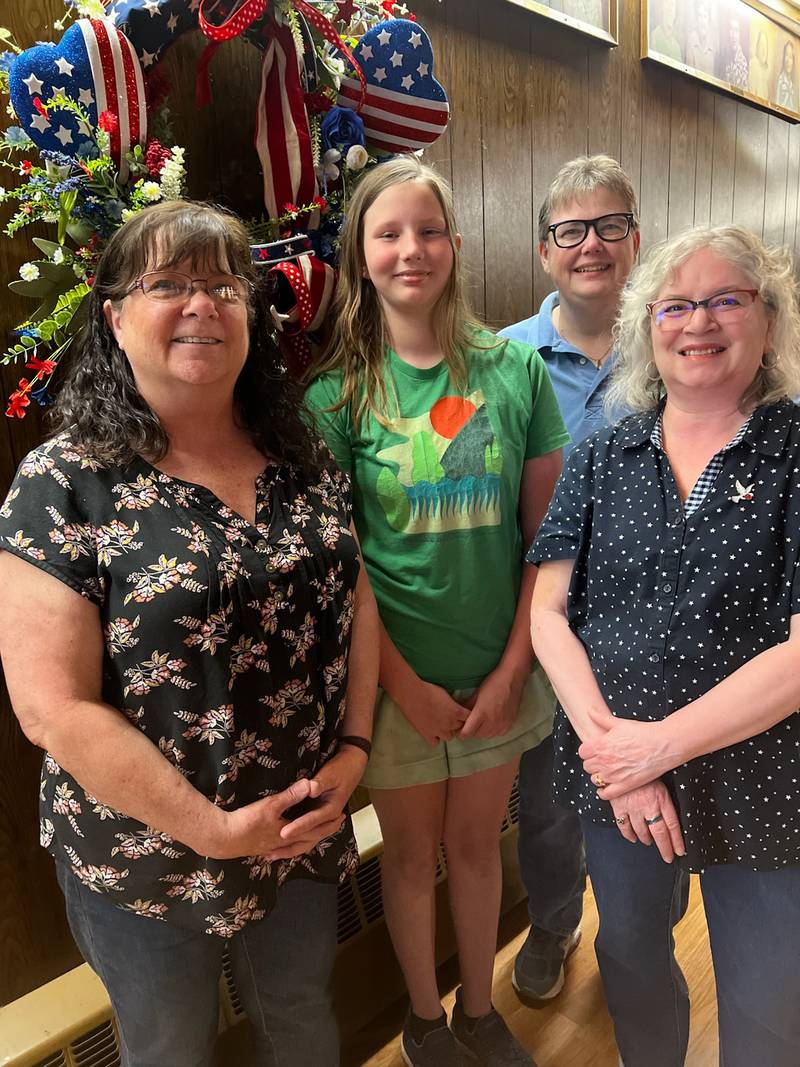 Veterans of Foreign WarAuxiliary 4668 in La Salle announced that Avery Bowen of Peru is the state winner of the Illustrating America art contest. Avery now competes at the national level. Pictured from left are 4668 Treasurer Teri Kramer, Avery Bowen, 4668 President Lisa Manijak and (rear) Department of Illinois Youth Activities Chairman Barb Sweger.