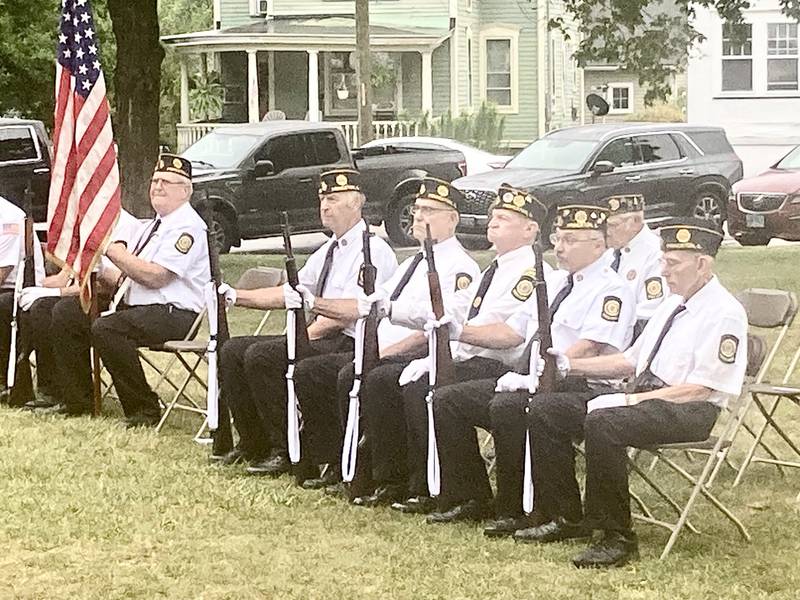 The Color Guard listen to Monday's 9-11 Remembrance Ceremony, at Soldiers and Sailors Park in Princeton. They were accompanied by members of the Princeton Fire Department Honor Guard.