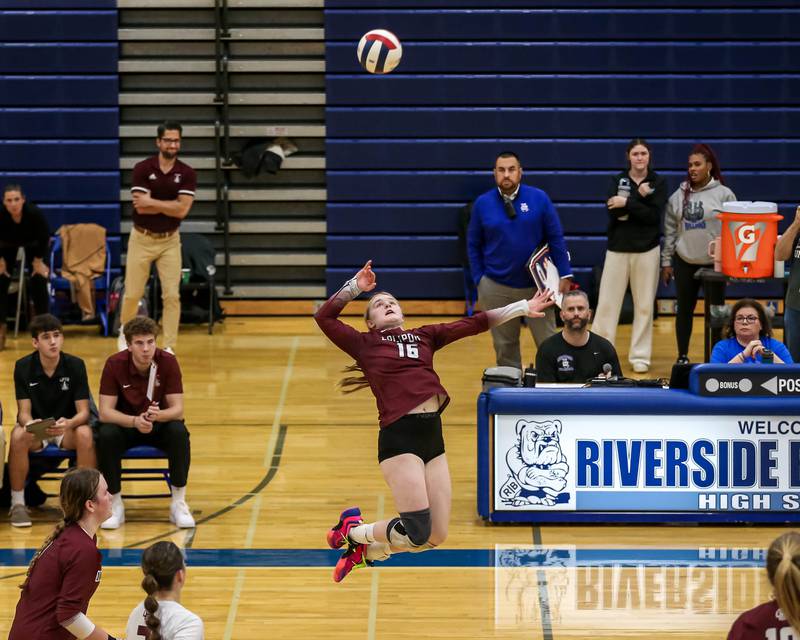 Lockport's Quinn Higham (16) winds up for a kill during Class 4A Riverside-Brookfield Supersectional match between Lockport at Downers Grove South.  Nov 11, 2024  in Riverside.