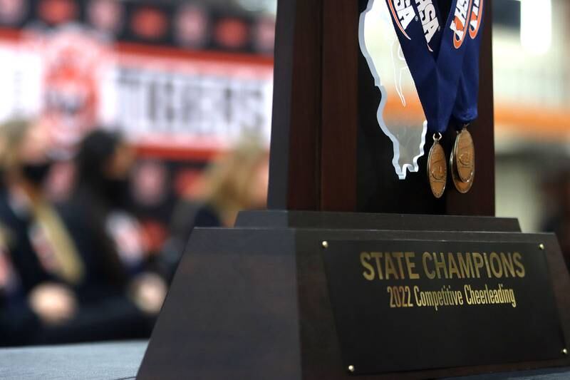 Crystal Lake Central held a celebration Sunday in their gymnasium after the Tigers on Saturday won the IHSA state title in Competitive Cheerleading-Medium Team at Grossinger Motors Arena in Bloomington.