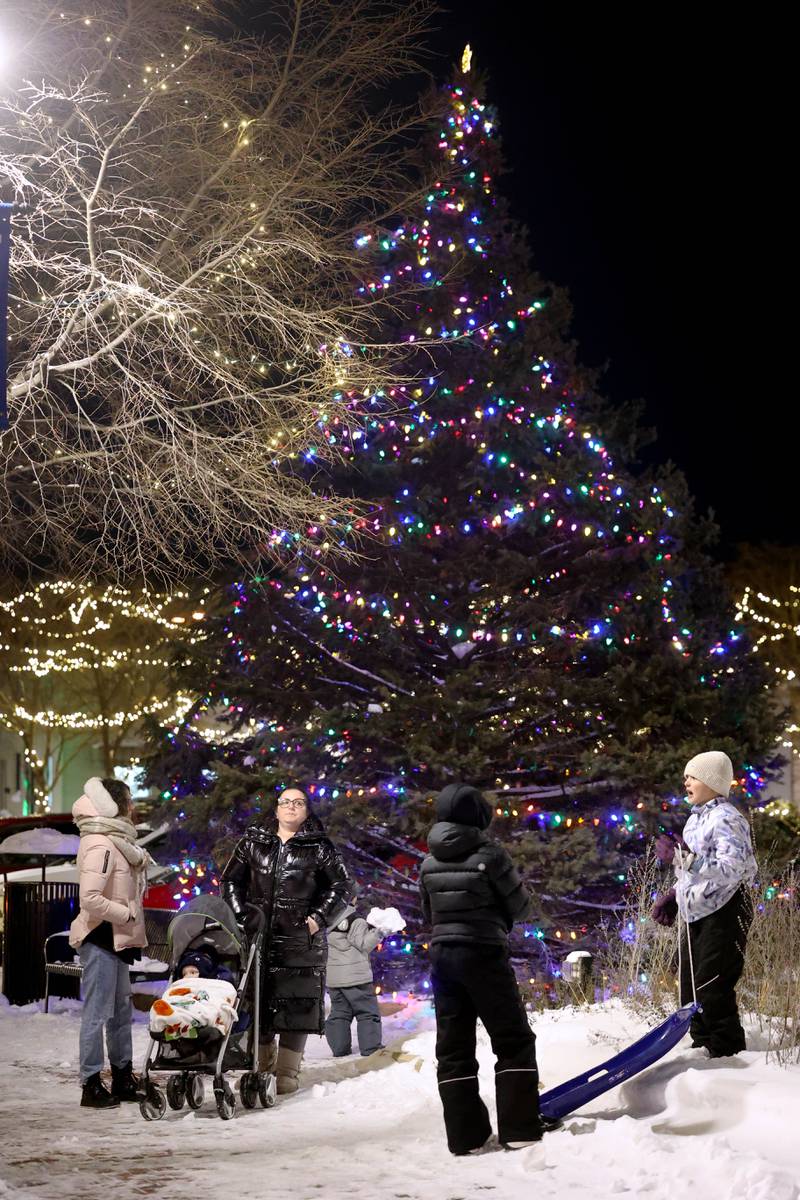 The tree outside the Egyptian Theatre is lit up for the season Thursday, Dec. 4, 2025, during the annual Lights on Lincoln and Santa Comes to Town event hosted by the DeKalb Chamber of Commerce.