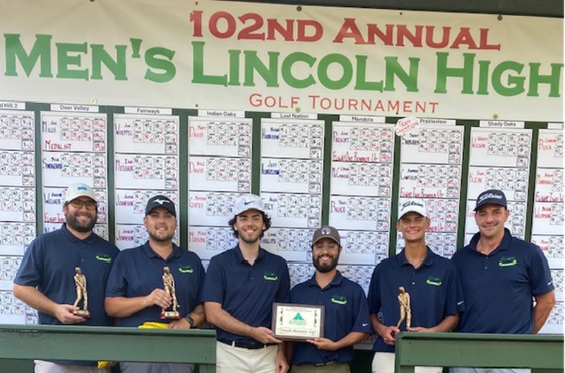 Emerald Hill Lincoln Highway Team Runner-up (from left) Jarred Hippen, first flight winner; Trevor Sisson, fourth flight winner; Cody Britt; Nick Olds; Mason Hubbard, fifth flight winner; Scott Fischer. The Emerald Hill second team consisted of Heath Warner, Gregg Petrosky, Zach Rehmert, Austin Cook, Eli Anderson and Trevor Dir.