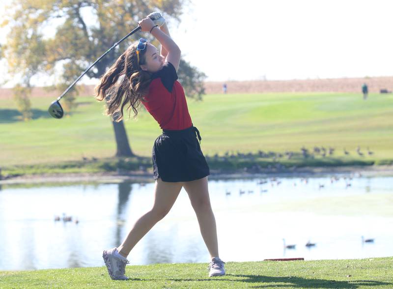 Earlville's Mya Ramey tees off during the Class 1A Regionals on Tuesday, Sept. 30, 2025 at Spring Creek Golf Course in Spring Valley.