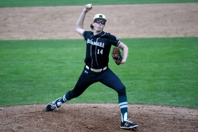 Bishop McNamara's Callaghan O'Connor throws a pitch during a home game against Hope Academy Thursday, April 30, 2026.