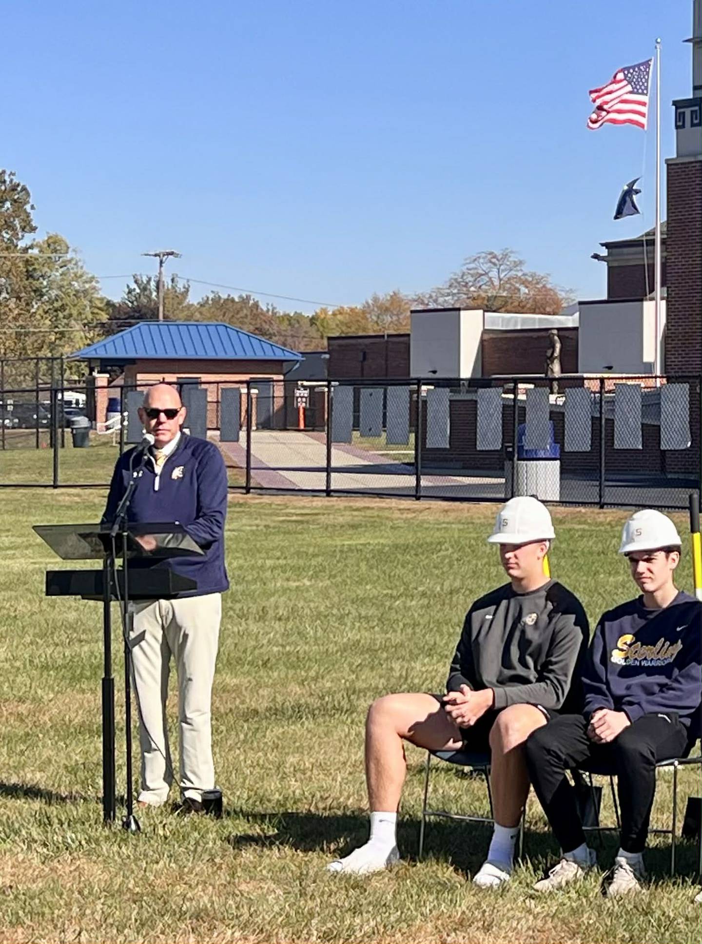 Sterling Public Schools Superintendent Tad Everett addresses the crowd at the groundbreaking ceremony for the district's new $11 million indoor student recreation and training center on Oct. 27, 2025.