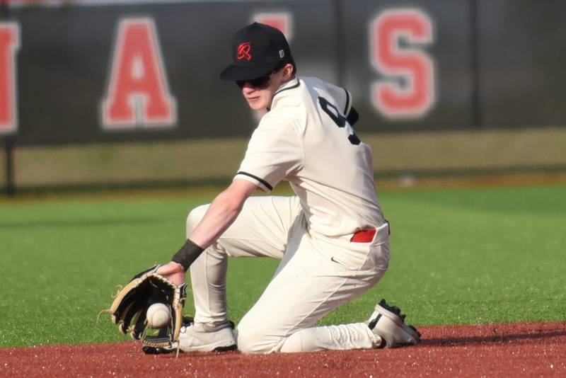 Bradley-Bourbonnais' Keaton Allison makes a sliding stop during a home game against Stagg Friday, May 8, 2026.