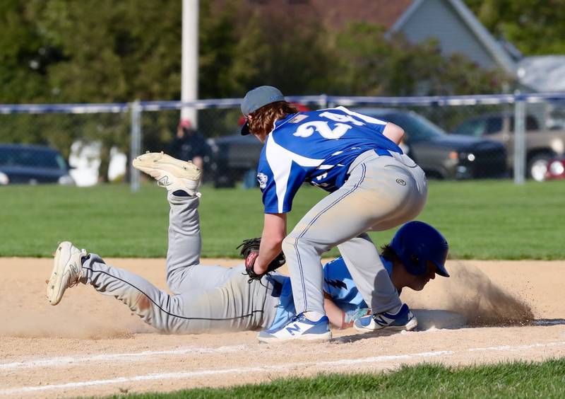 Princeton first baseman Jimmy Starkey puts the tag on against Bureau Valley Thursday at Prather Field. The Tigers won 12-2.