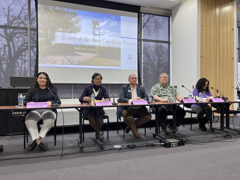 Joliet Junior College Board of Trustees candidates Krystal Garcia Centeno (left), Diane Harris, Kevin Kollins Hedemark, Richard Davis and Alicia Morales at a candidate forum on Tuesday at the college.