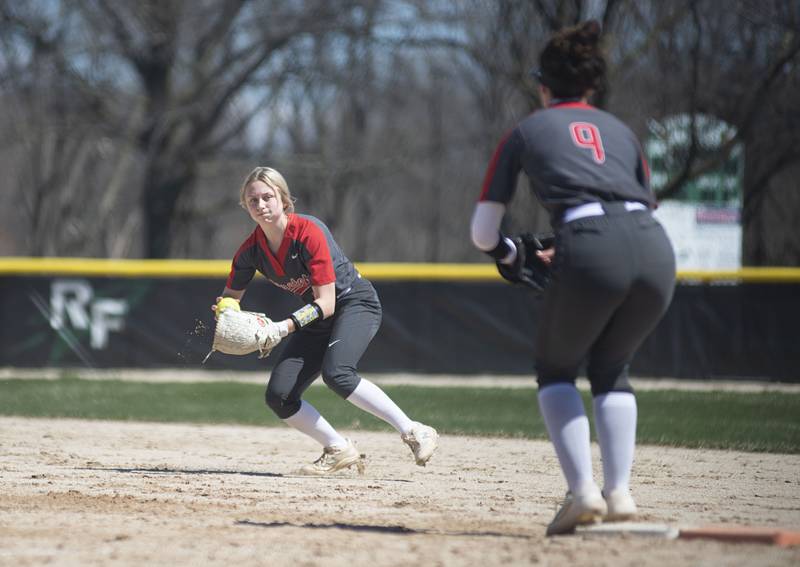 Ottawa's Ryleigh Stehl plays a grounder against Rock Falls Saturday, April 9, 2022.