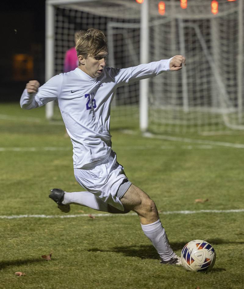 Dixon’s Cooper Fox plays the ball against Geneseo Wednesday, Oct. 23, 2024, during the class 2A soccer regional in Geneseo.