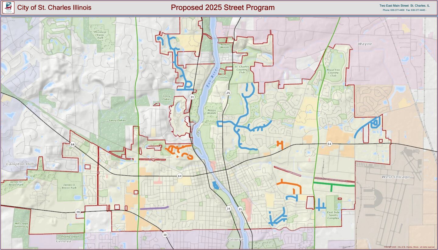 Map of proposed 2025 Street Program in St. Charles, color-coded by funding source. (Orange: Motor Fuel Tax, Blue: Home Rule Tax, Purple: Federal Surface Transportation Program grant funding, Green: Capital Funds)