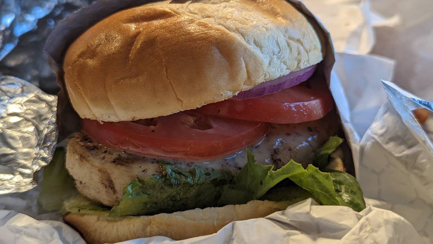 The six-ounce grilled chicken sandwich for $7.99 at Mark's on 59 in Shorewood came with lettuce, tomato, red onion, mayonnaise, and honey mustard or Italian dressing.
