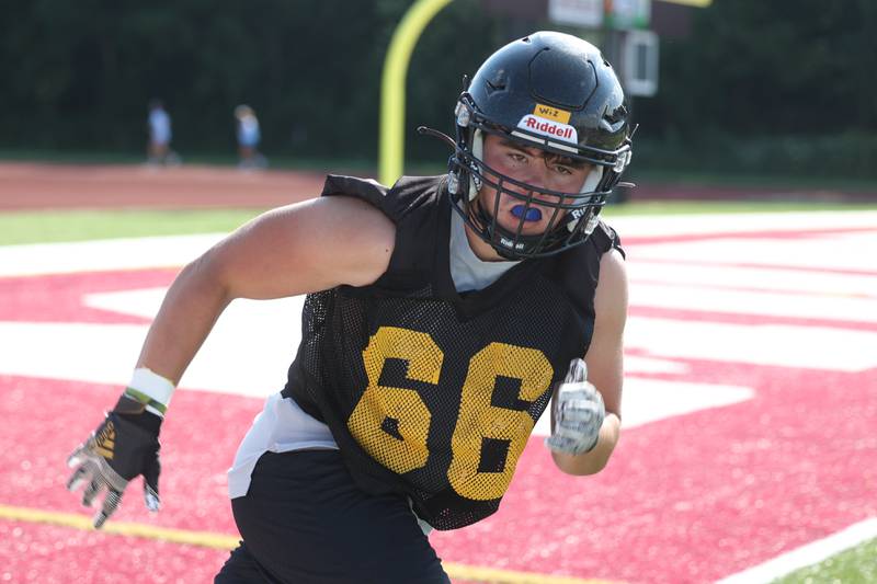 Joliet West linebacker John Wyzykowski runs drills at the Morris 7 on 7 scrimmage. Tuesday, July 19, 2022 in Morris.