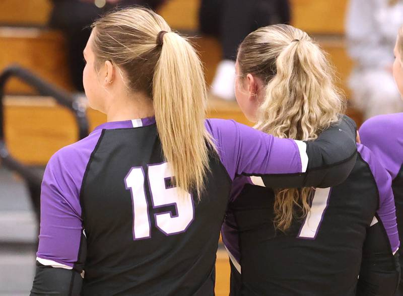 Dixon’s Abby Hicks (left) and Presley Lappin walk off the court after their Class 3A regional championship loss to Sycamore Thursday, Oct. 30, 2025, in Rochelle.