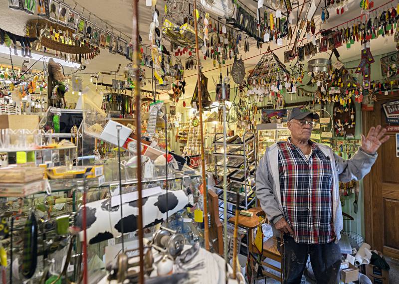 Polo’s Lyle Reap stands in one of two full rooms of fishing lures he has collected over the years on December 8, 2023.
