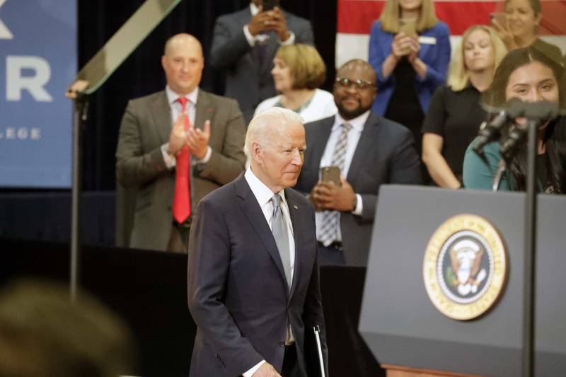 President Joe Biden prepares to speak Wednesday, July 7, 2021, at McHenry County College in Crystal Lake.