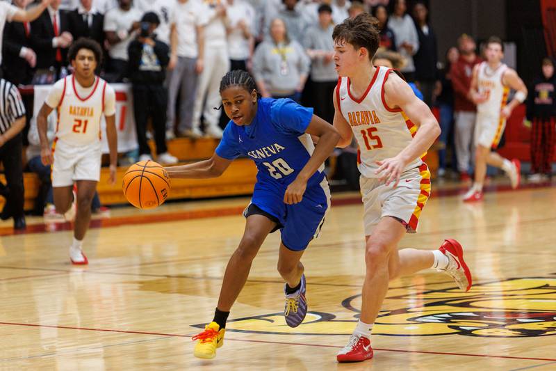 Geneva's David Udoiwod dribbles past Batavia's Dane Farrar on Friday, Feb.6,2026 in Batavia.