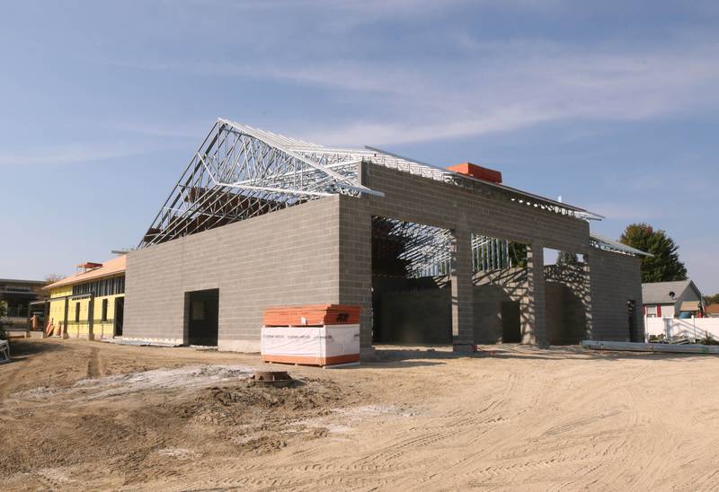 The front of the new DeKalb fire station, including the vehicle bays, Wednesday, Sept. 18, 2024, at 1130 South Malta Road in DeKalb. Construction on the station, the fourth for the DeKalb Fire Department, is ongoing.