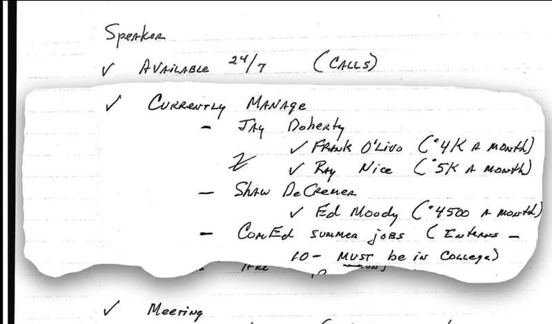 Excerpts from a handwritten note detailing “assignments” longtime Springfield lobbyist Mike McClain did for Illinois House Speaker Michael Madigan after McClain’s official retirement in 2016.