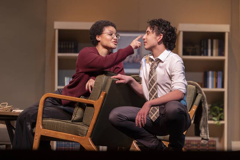 Sterling High School students Jonas White and Trinity Pankey act out their IHSA Contest Play, titled “The Mercy Seat,” for a public showing Wednesday, March 25, 2026. The actors took first in sectionals and will compete this weekend in the state competition. Only 12 plays make it to the state competition.