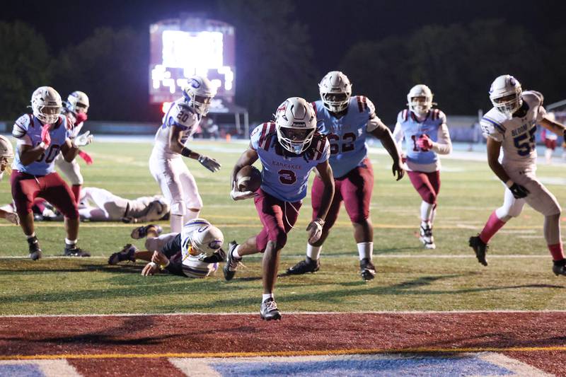 Kankakee's Cedric Terrell lll breaks into the end zone for a touchdown during the Kay's victory over Bloom on Friday, Oct. 10, 2025.