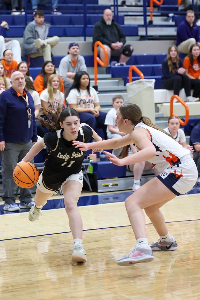 Bishop McNamara’s Dylan Pallissard starts a drive during the Fightin’ Irish’s 46-32 loss to Pontiac in the IHSA Class 2A Pontiac Sectional semifinal on Tuesday, Feb. 24, 2026, at Pontiac Township High School.