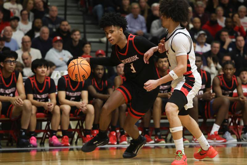 Bolingbrook’s TJ Williams drives to the paint against Benet in the Class 4A Bolingbrook Sectional championship game on Friday, March 6, 2026 in Bolingbrook.