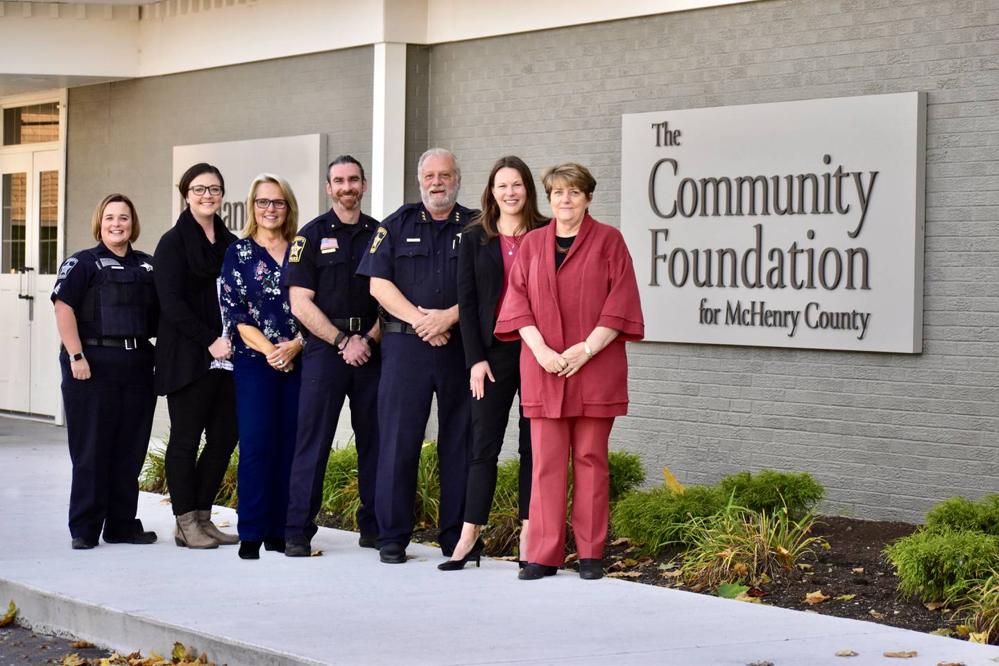 Pictured from left to right are McHenry County Sheriff's Sgt. Aimee Knop, McHenry County Police Social Worker Alana Bak, Senior Director of Community Engagement for the Community Foundation of McHenry County Marcey Sink, McHenry County Sheriff's Chief Robb Tadelman, McHenry County Sheriff Bill Prim, McHenry County Coordinator Chalen Daigle, and Executive Director of the Community Foundation for McHenry County Deborah Thielen. The group is working to start a shared social worker team between the sheriff's office and McHenry County police departments.