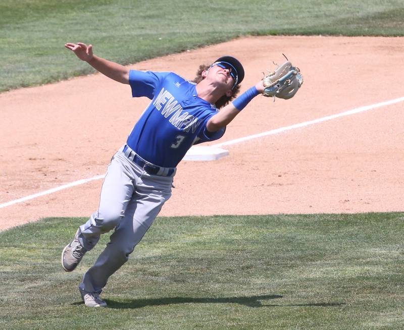Newman's third baseman Garet Wolfe makes a catch on the infield against Henry-Senachwine during the Class 1A State semifinal game on Friday, June 2, 2023 at Dozer Park in Peoria.