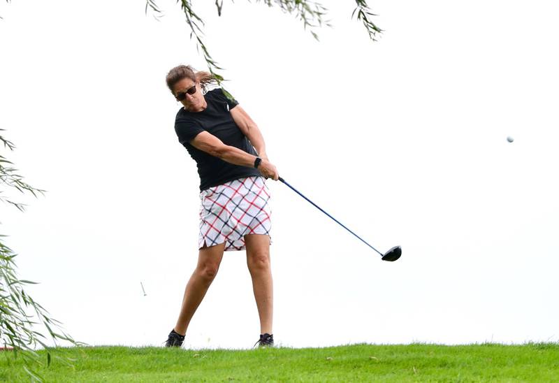 Karen Anderson hits the ball during the Illinois Valley Women's Golf Invitational on Sunday, Aug. 14, 2022 at Spring Creek Golf Course in Spring Valley. Anderson won A class and placed second overall.