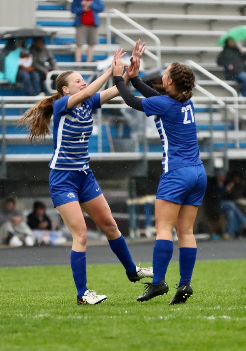 Princeton's Ella Grey (left) and Ava Kyle celebrate a goal against Sterling Thursday at Bryant Field. The Tigresses won 3-1.