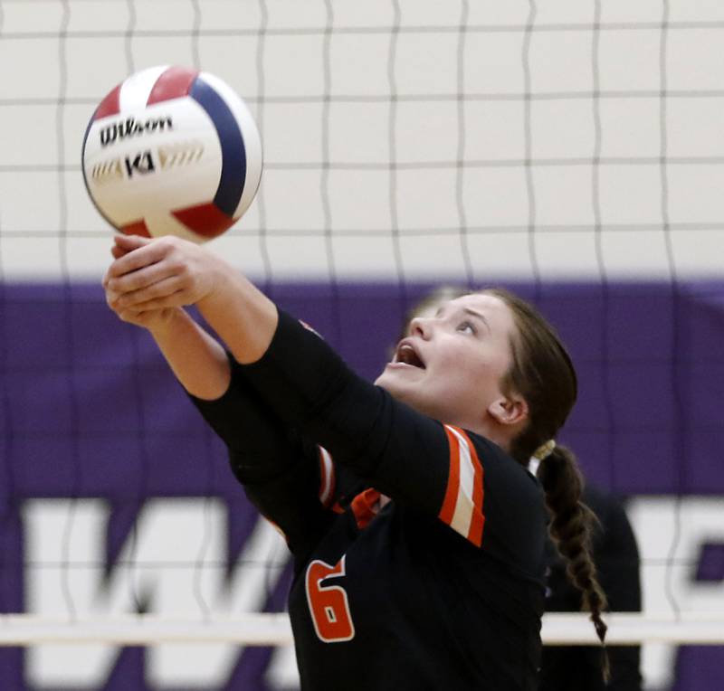 Crystal Lake Central's Isabelle Lampier passes the ball during a Fox Valley Conference volleyball match against Hampshire on Tuesday, Sept. 24, 2024, at Hampshire High School.