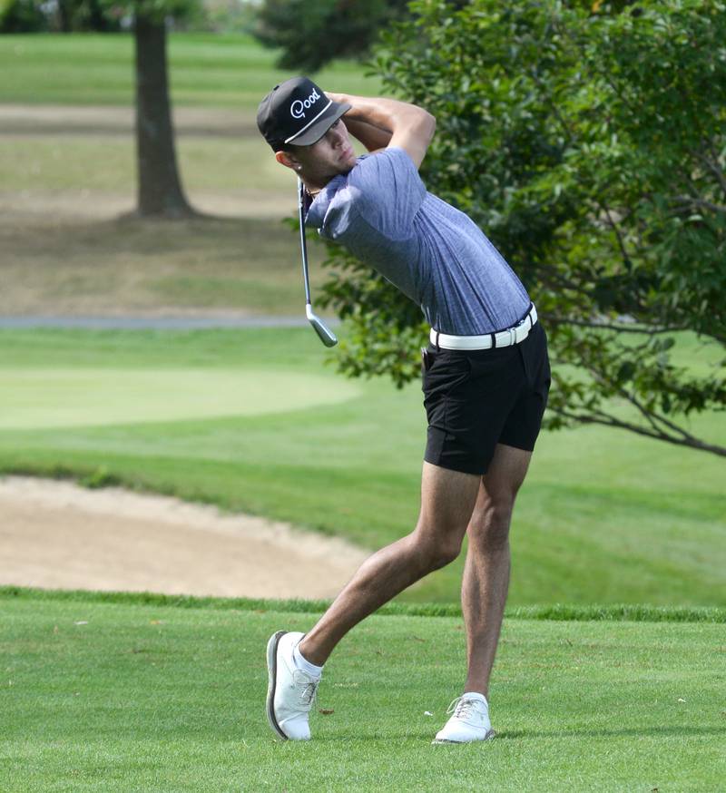 Rockford Lutheran's Owen Richardson tees off at the 1A Pearl City Regional held at Wolf Hollow Golf Course in Lena on Wednesday, Oct. 1, 2025.