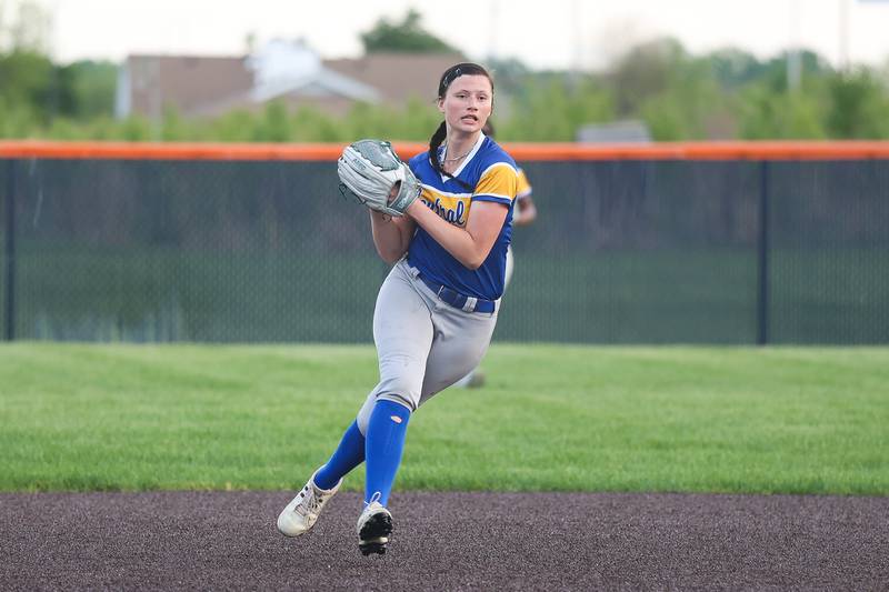 Joliet Central’s Riley Smith looks to make a throw against Romeoville on Tuesday, April 28, 2026 in Romeoville.