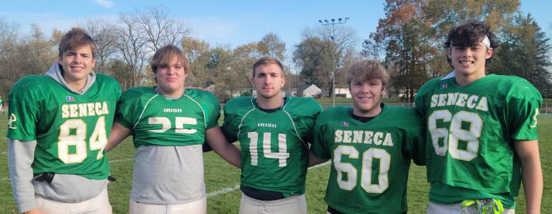 Seneca senior offensive lineman and tight ends (left to right) Lane Provance, Josh Lucas, Chris Peura, Matt Dillon and Kysen Klinker, along with (not pictured) Casey Clennon and Alex Bogner-Kidwell, are the engine that has powered the Fighting Irish's Power-T rushing attack the past two seasons.