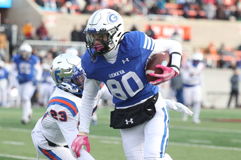 Geneva’s Bennett Konkey breaks away on a catch and run against East St. Louis in the Class 6A state championship on Saturday, Nov. 30, 2024 in Normal.
