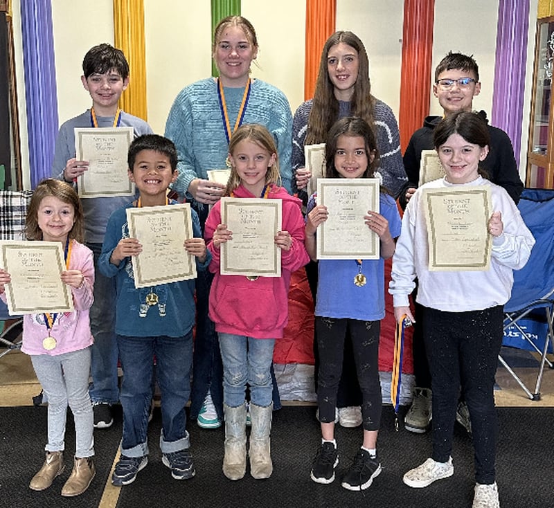 Students of the month for February 2024 at Milton Pope School are (front, from left) Natalie Jaegers, kindergarten; Migz Farrow, second grade; Ezmae Rohr, first grade; Avery Clancy, third grade; Elizabeth Herman, fourth grade; (back) Jayden Partridge sixth grade; Bailey Witte, eighth grade; Aubrey Carrera, seventh grade; and Cayden Morek, fifth grade.